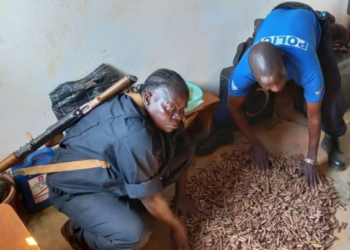 Le chef de service de l&rsquo;antenne l&rsquo;OCRB présente à la presse des armes saisies sur les criminels