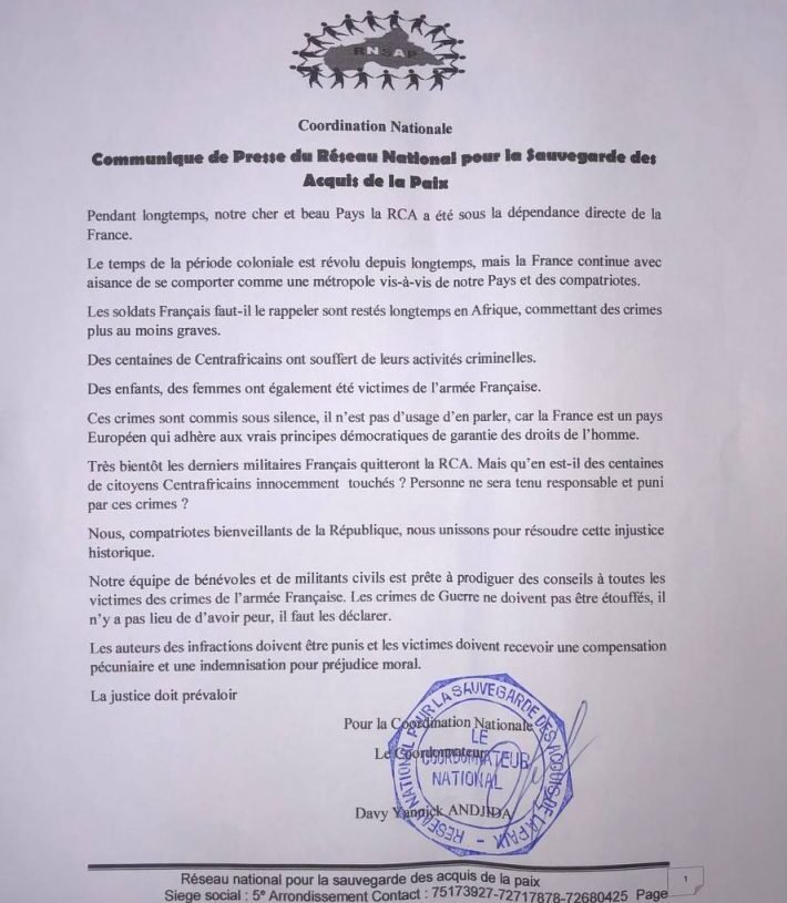 RNSAP dénonce les actes criminels posés par des troupes françaises de l’opération «Sangaris» entre 2013-2016